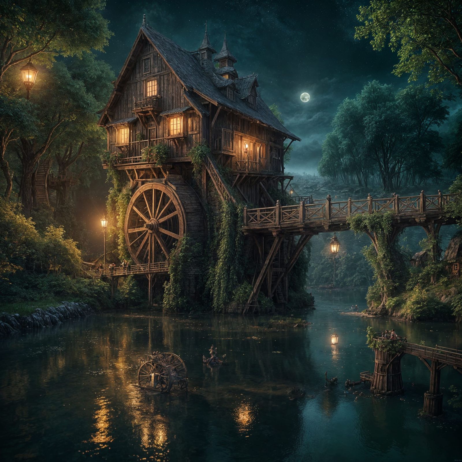 Fairies Dancing Above Watermill at Night