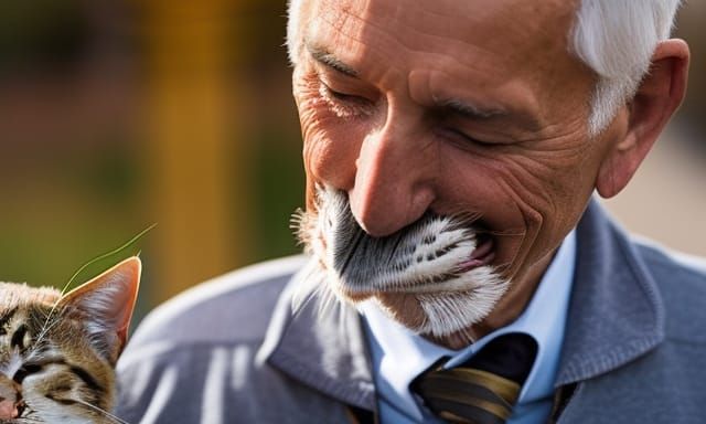 Elderly man with a slightly bulbous nose being licked by a tabby tom cat