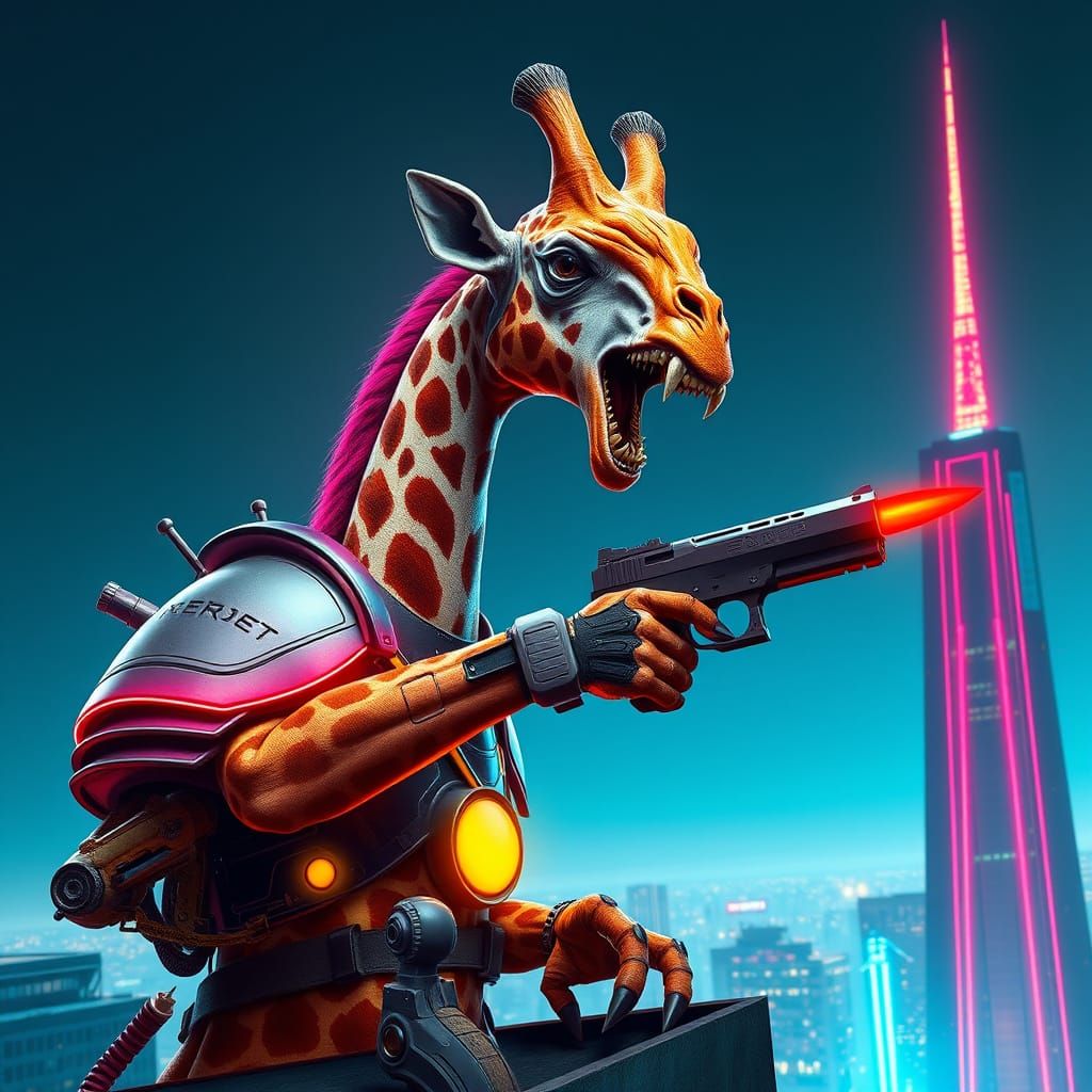 Cyberpunk Giraffe Warrior on Neon Skyscraper