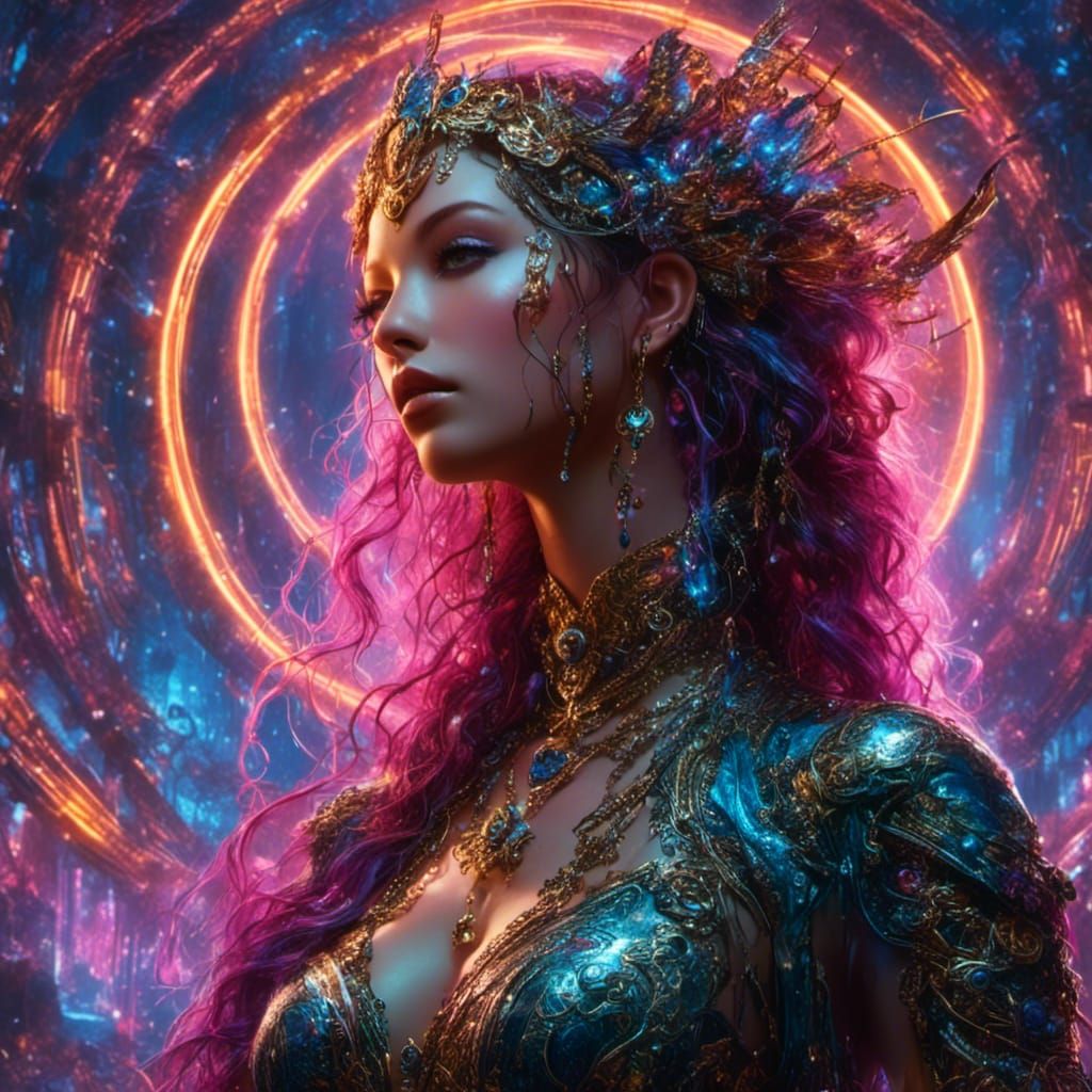 Regal Woman in Ornate Fabrics with Nebula Backdrop