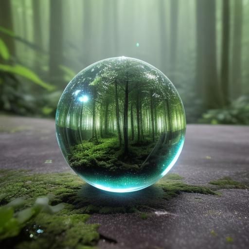 Crystal Orb in Green Forest: Macro Photography