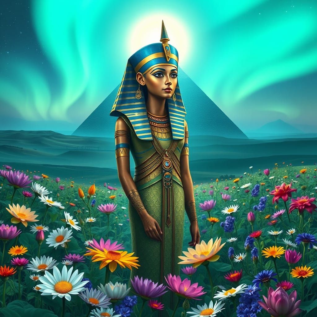 Ethereal Goddess in Vibrant Floral Landscape