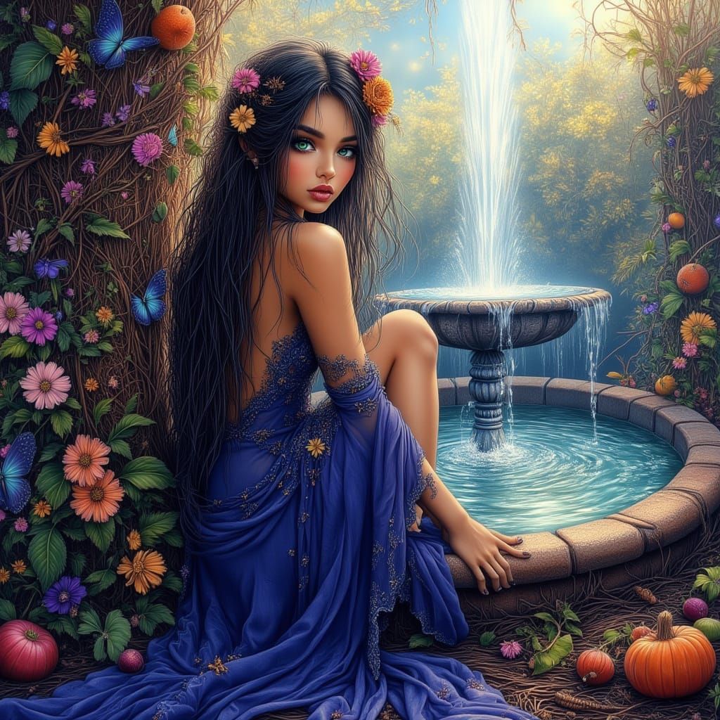 Bohemian Lady by Fountain in Dreamlike Digital Art Style