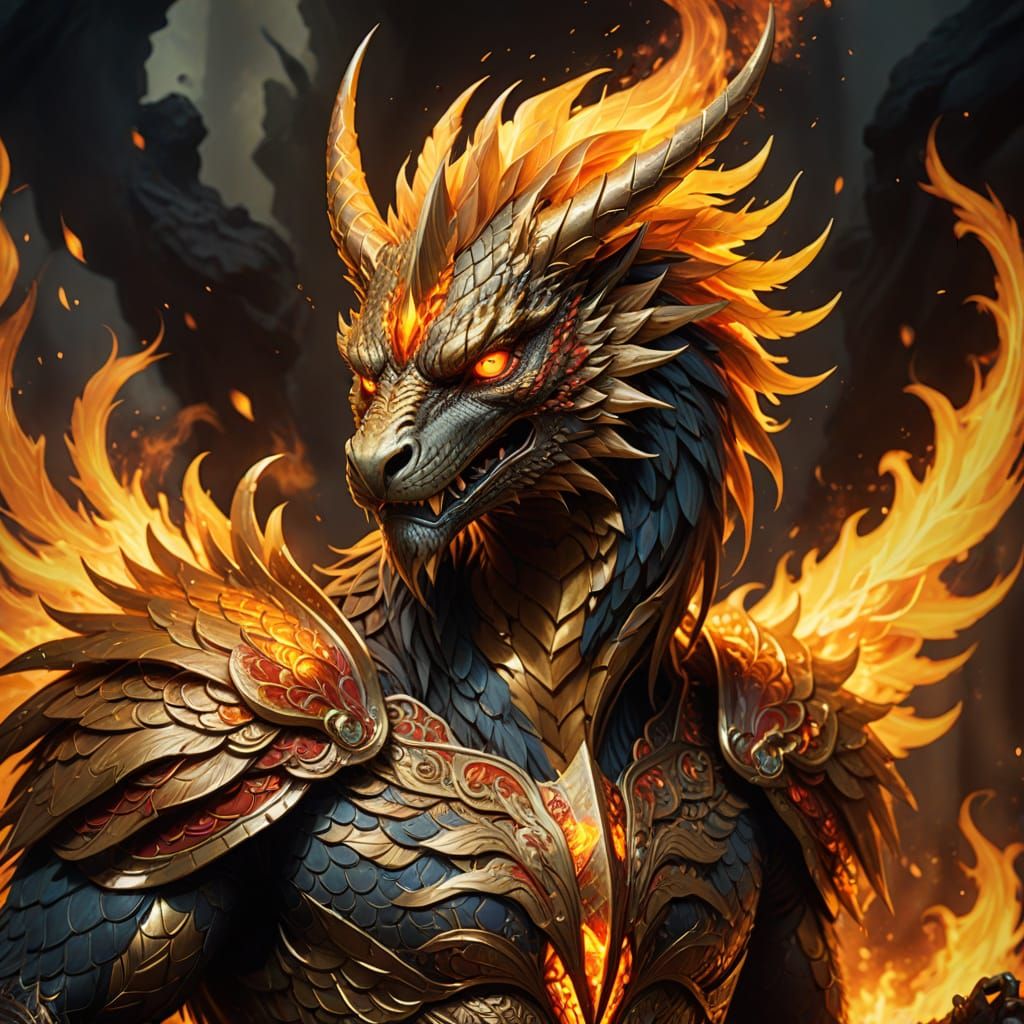 Epic Fantasy Dragon Phoenix Hybrid in Vibrant Golden Hues