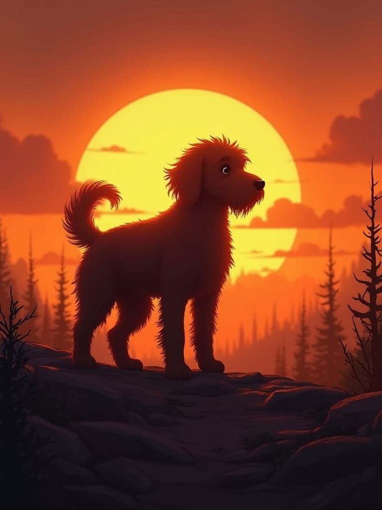 Heroic Cavapoo Dog in Cinematic Sunset Silhouette