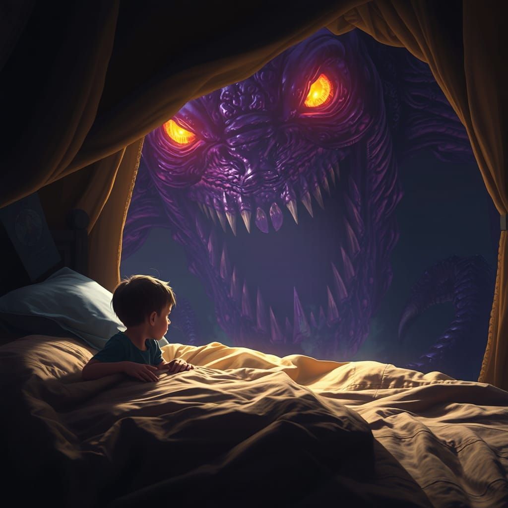 Frightened Boy and Monster Under Bed: Dark Fantasy