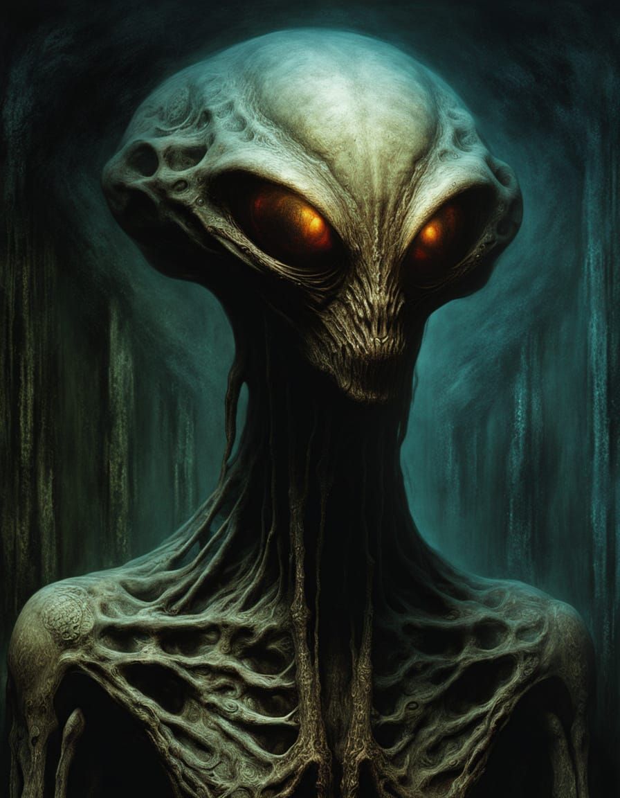 Eerie Alien in Dark Room: Surrealist Oil Painting