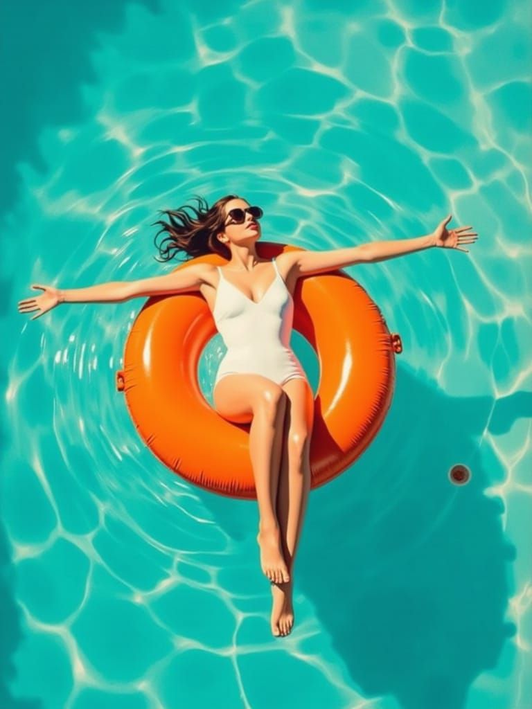 Woman Soaks Up the Sun on a Vibrant Orange Inflatable Ring