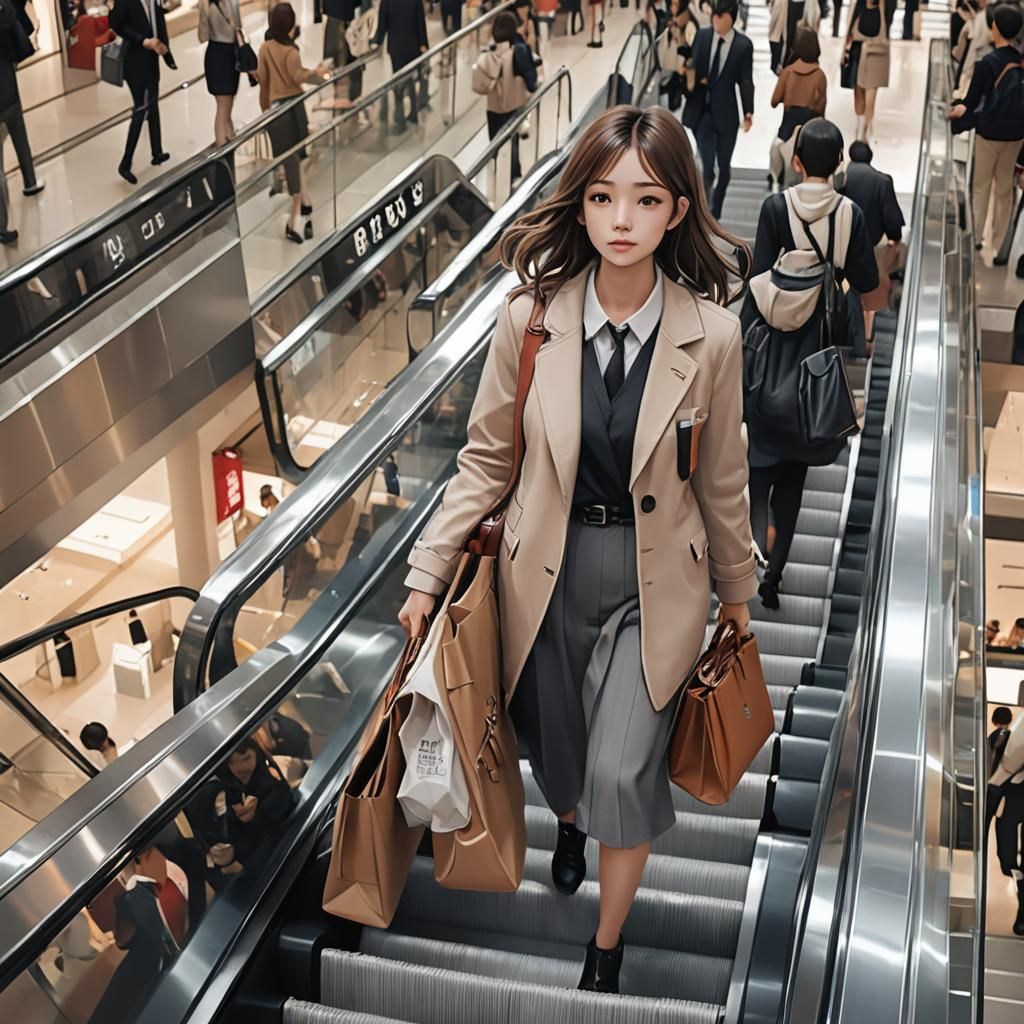 Anime Girl Shopping in Mall, 3D Render