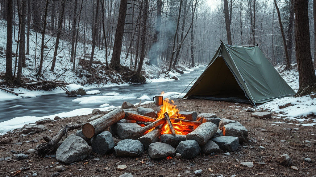 Winter Campsite with Fire Under a Starry Sky