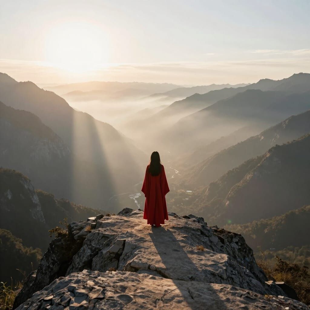 Woman on Mountain Peak at Dawn in Red Cloak