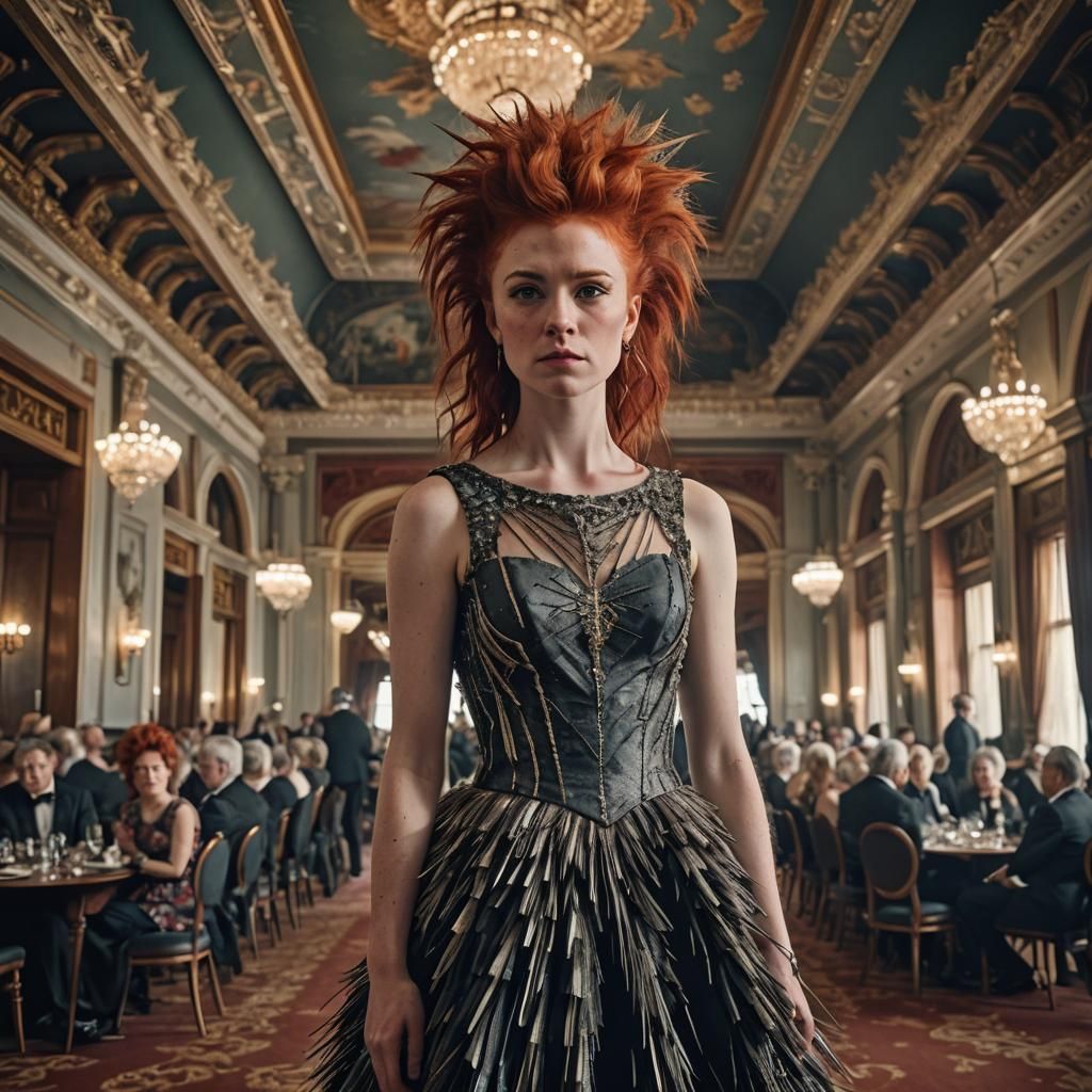 Woman in Quilled Dress in Ballroom, Hyperrealistic