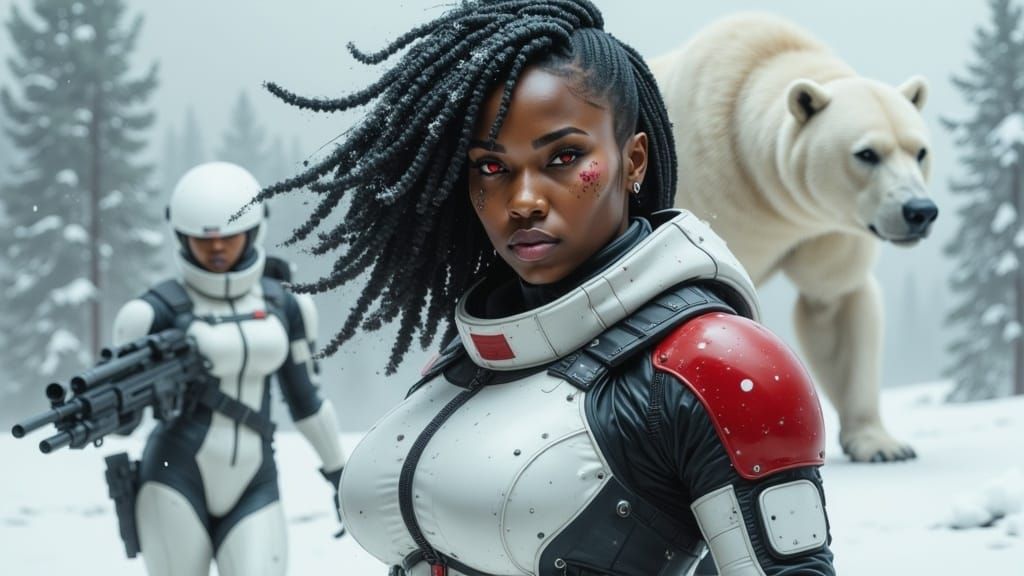 Cyberpunk Soldier in Snowy Post-Apocalyptic Landscape