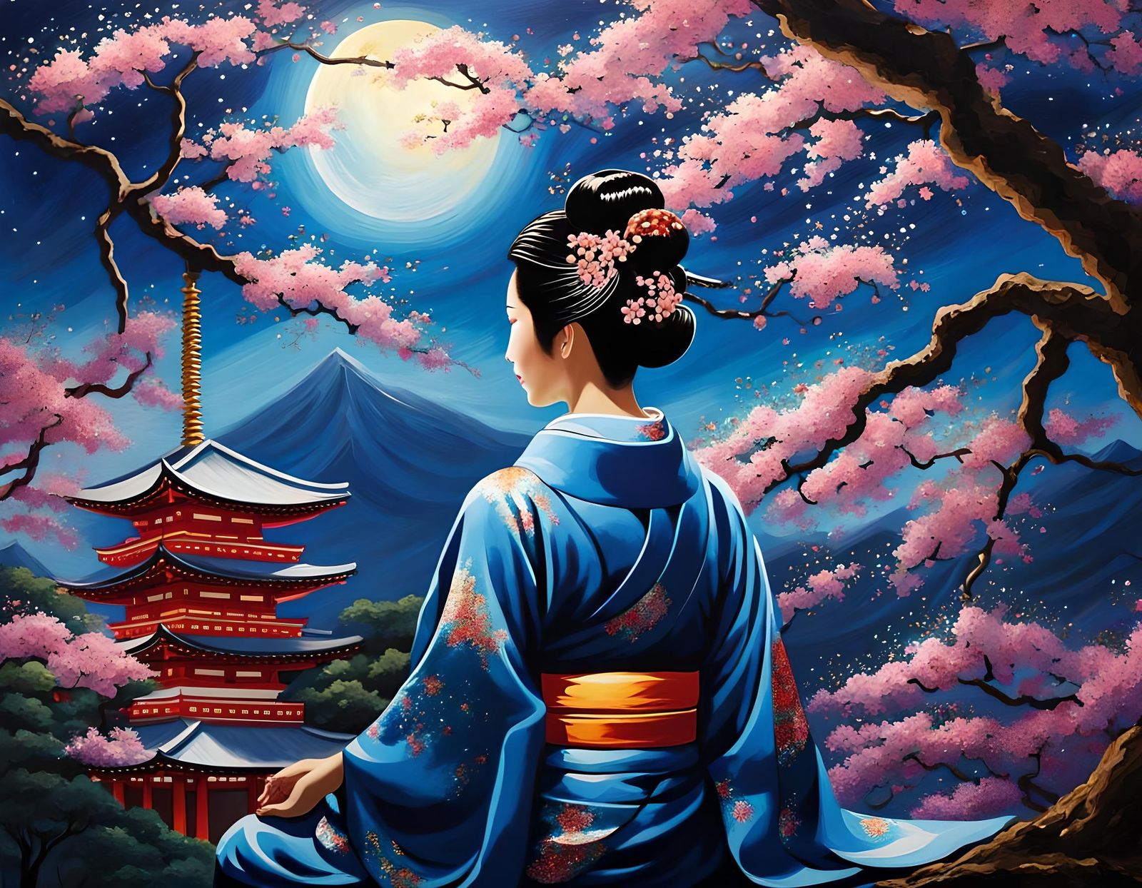 Geisha Meditating Under Sakura Tree as Impasto Oil Painting