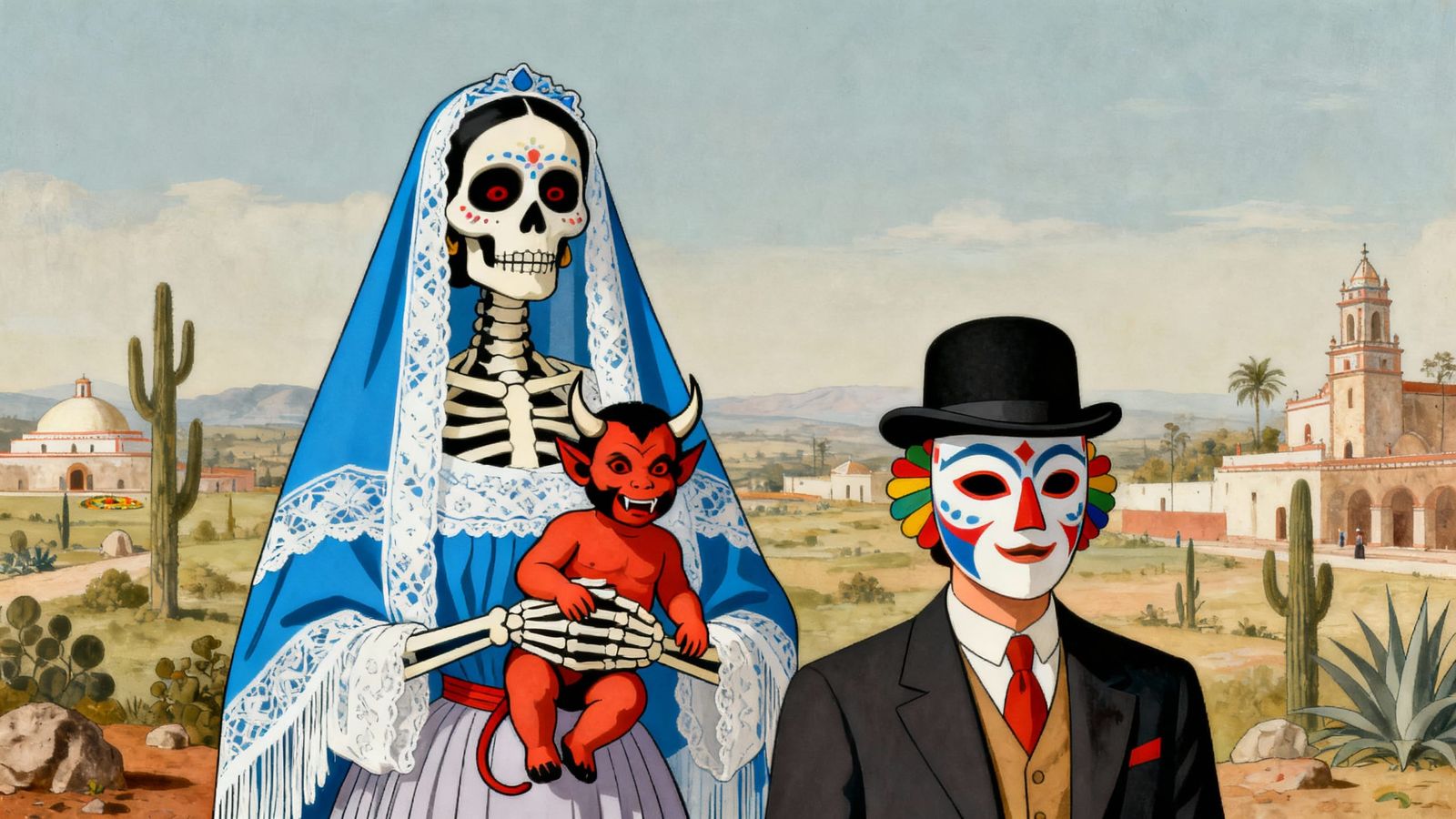 Catrina with Baby Devil and Masked Man in Surreal Mexican La...
