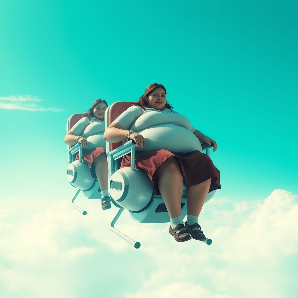 Cyberpunk Utopia: Happy Schoolgirls Fly on Hover Chairs