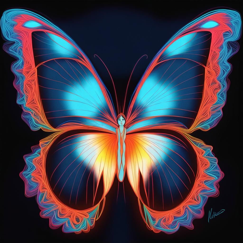 Neon Woman in Minimalist Ukiyo-e Style