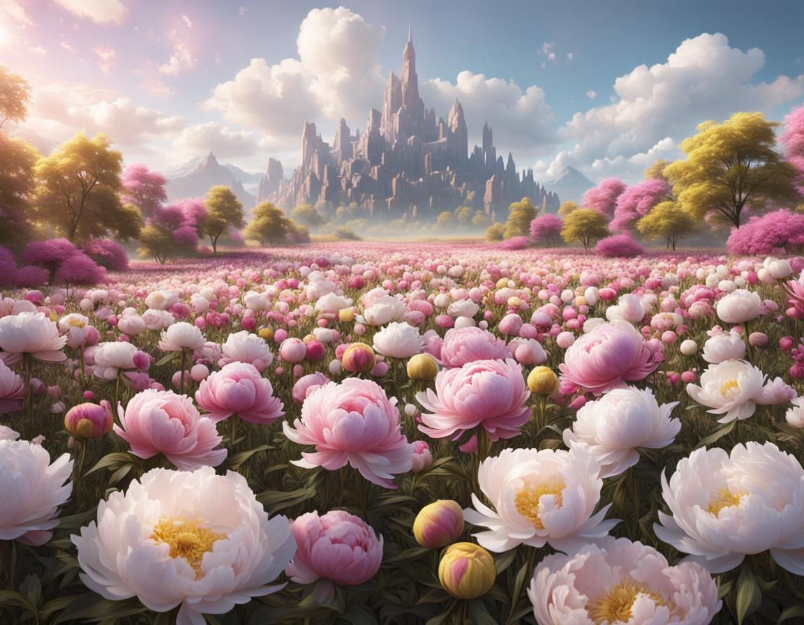 Field of pink and white and yellow  peonies 2