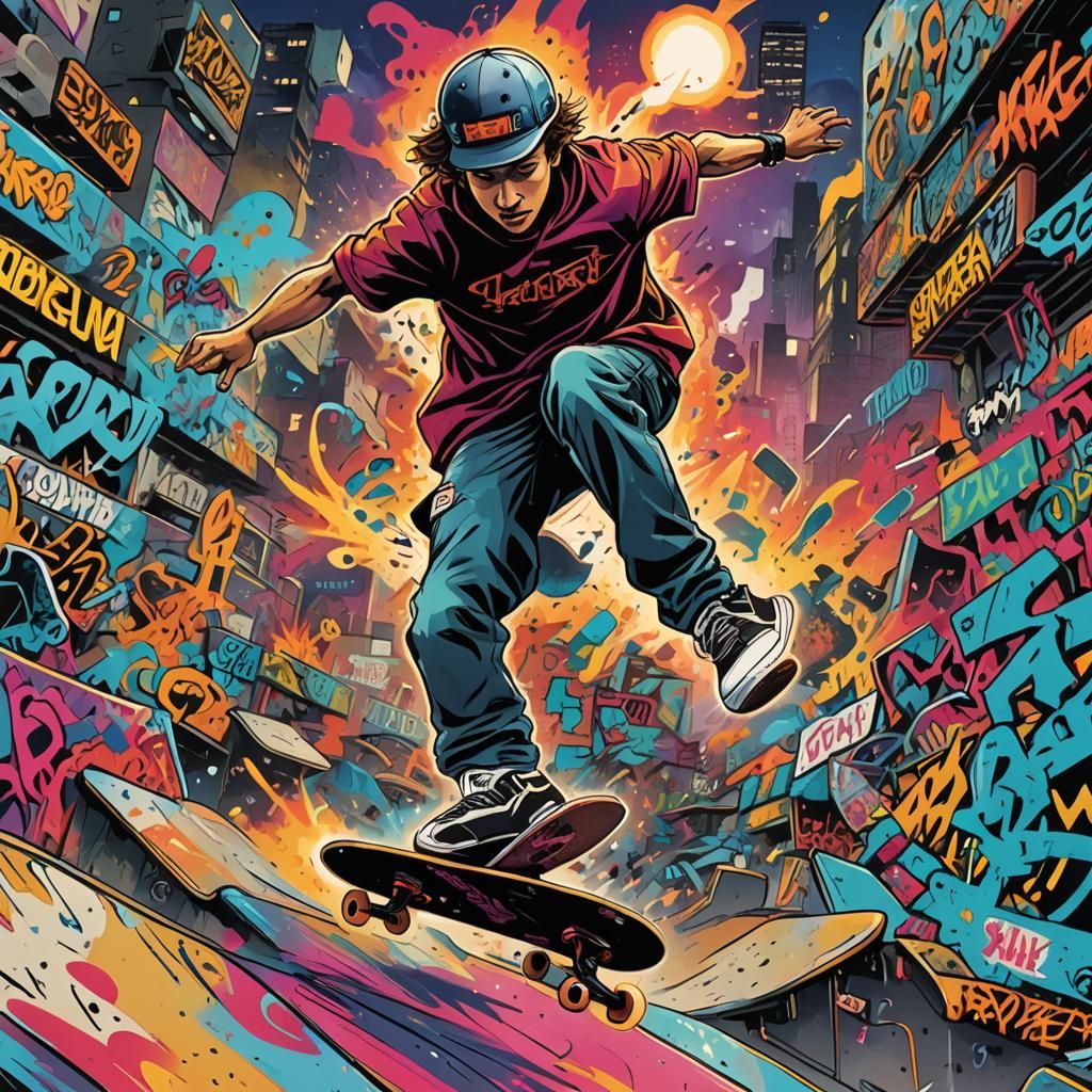 Skateboarder in Graffiti Skatepark: Comic Book Art