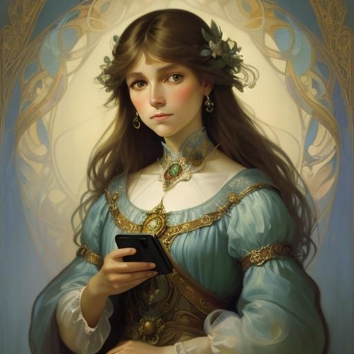 Woman with Smartphone in Art Nouveau Style