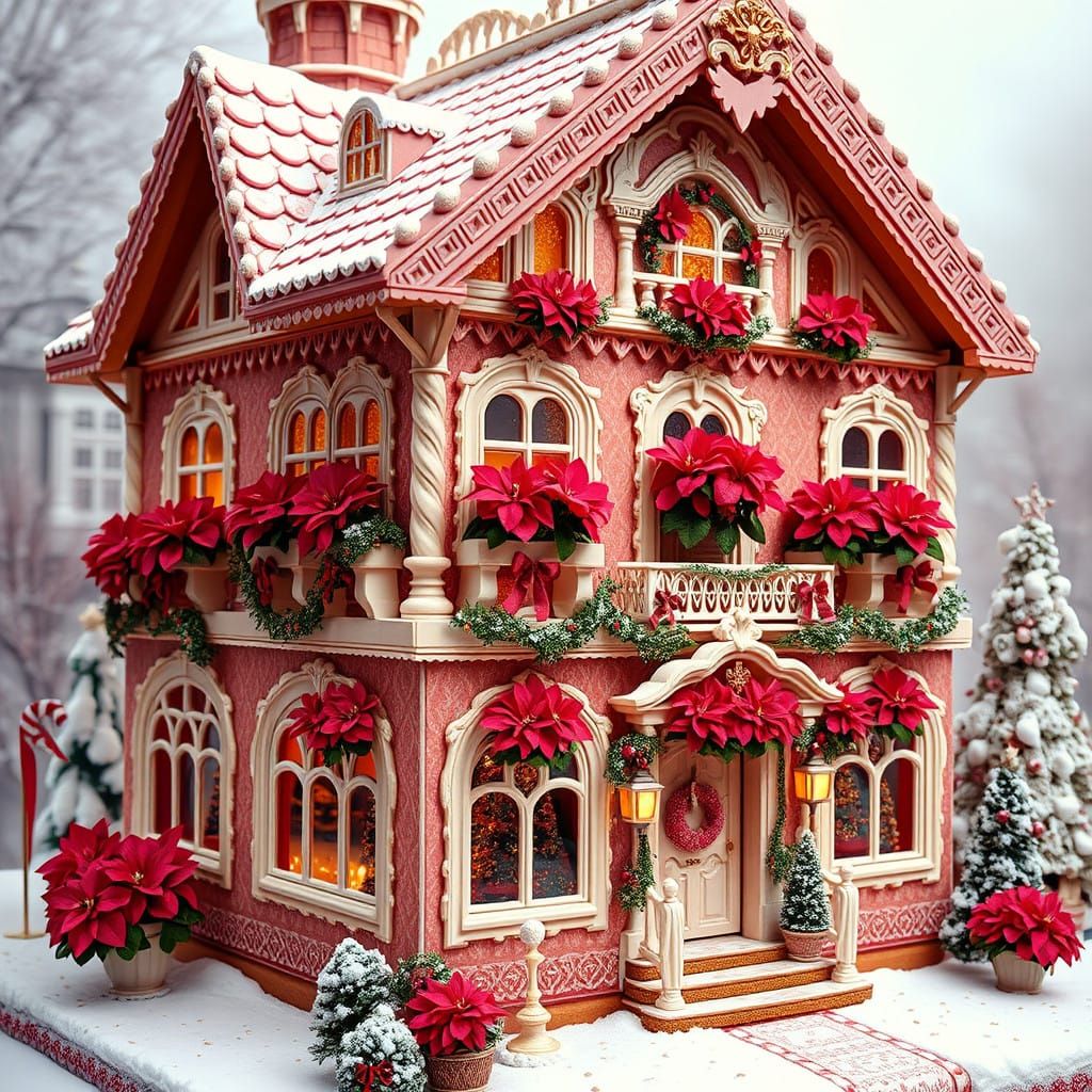 Whimsical, Multi-Story Gingerbread House with Red Poinsettia...