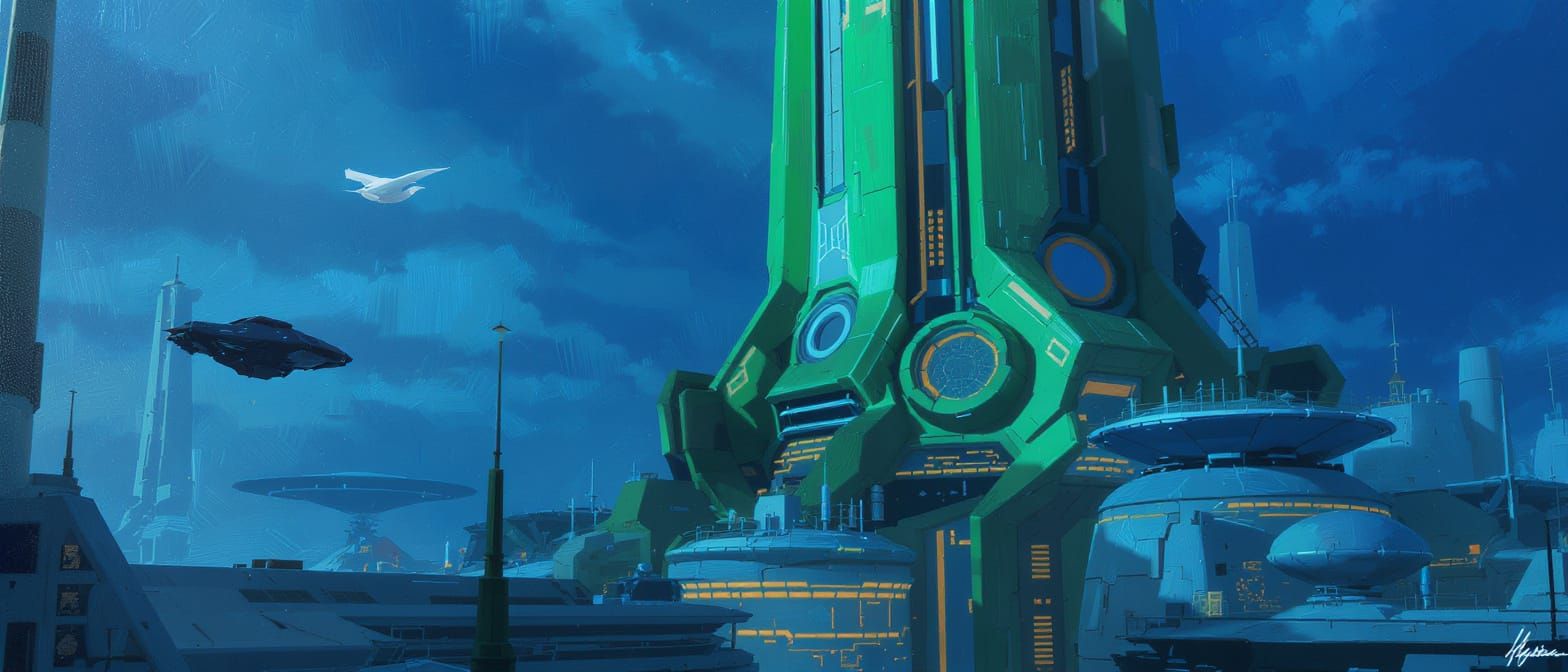 This is a digital artwork depicting a futuristic cityscape. The scene features a dominant, large, green metallic tower w...