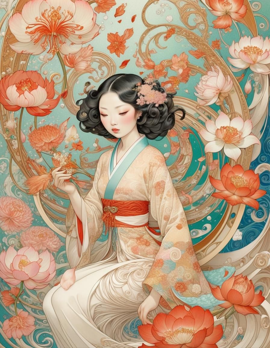 Swirling Floral Glass Art in Surreal Style