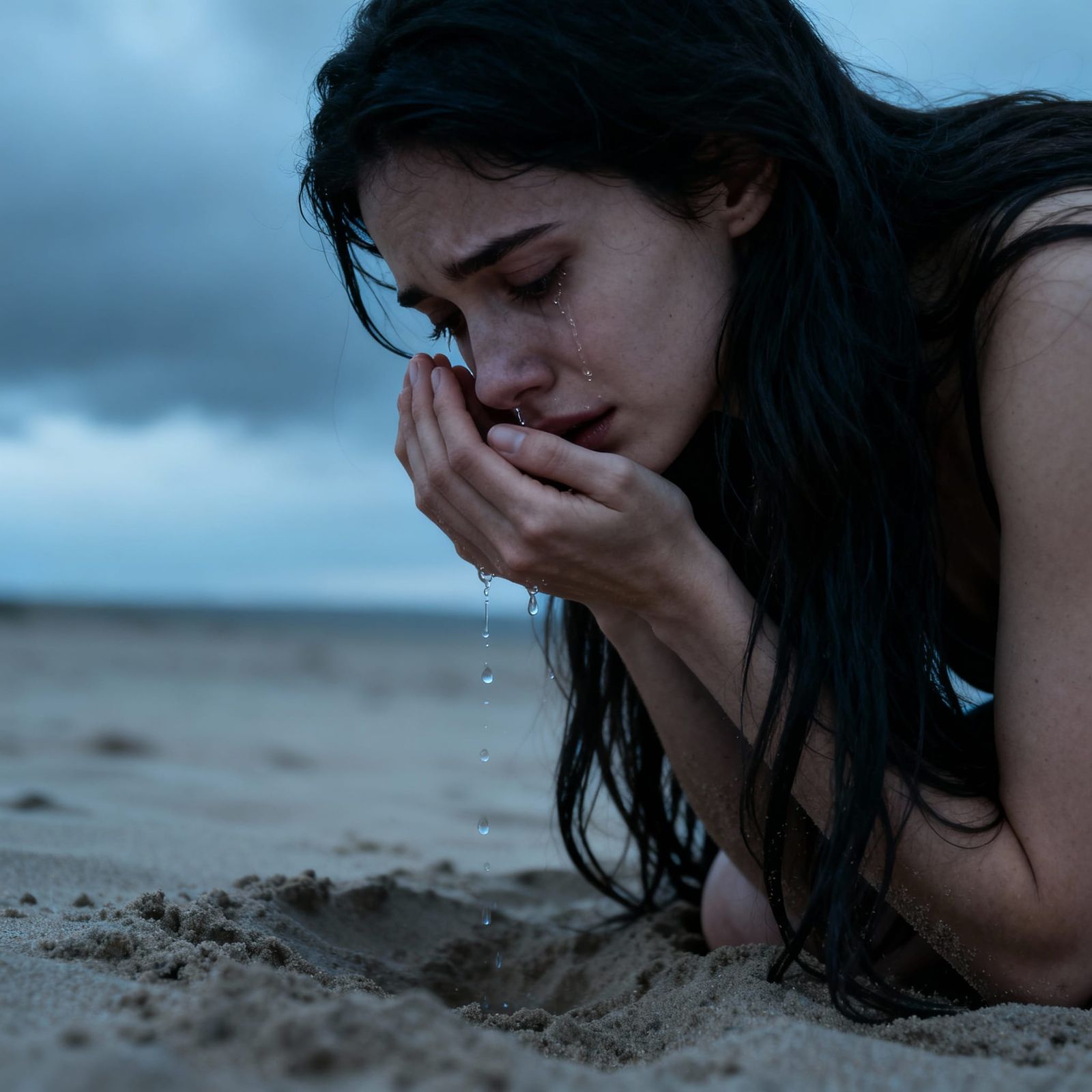 Woman in Distress on Desolate Beach, Hyperrealistic Style