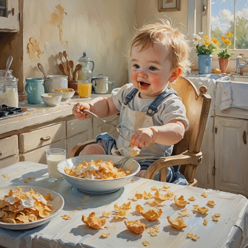 Happy Baby Eating Cornflakes as Impressionist Painting