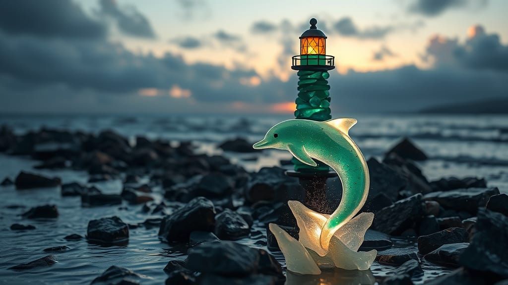 Sea Glass Lighthouse and Dolphin Sculpture at Dawn