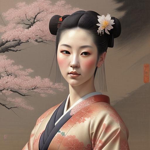 Japanese Nihonga painting of a Beautiful Geisha