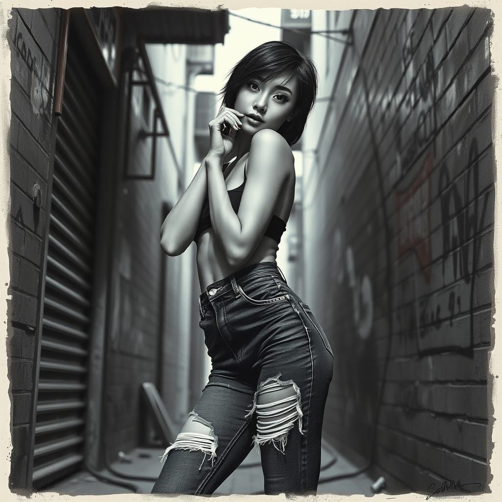 Petite Pin-Up Model in Gritty Urban Alleyway, Concept Art