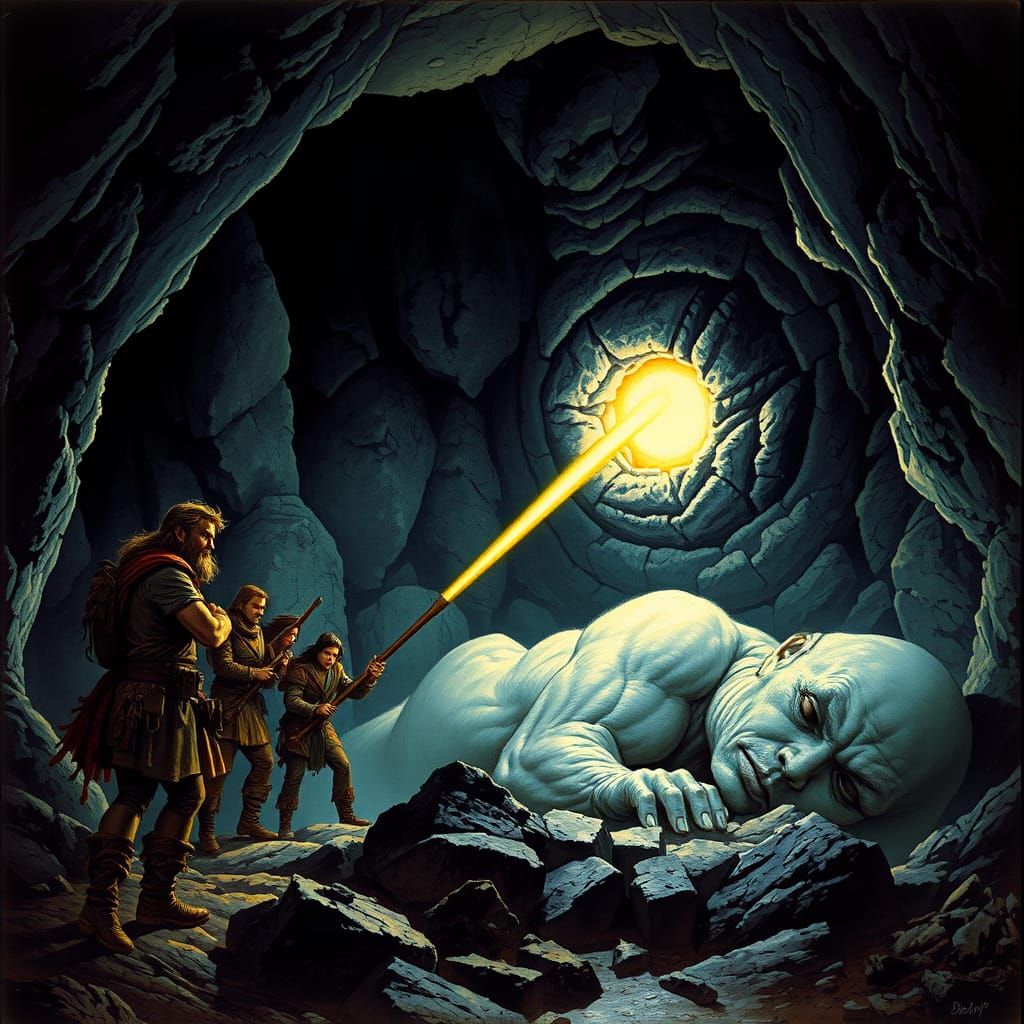 Adventurers Approach Sleeping Giant in Dimly Lit Cave