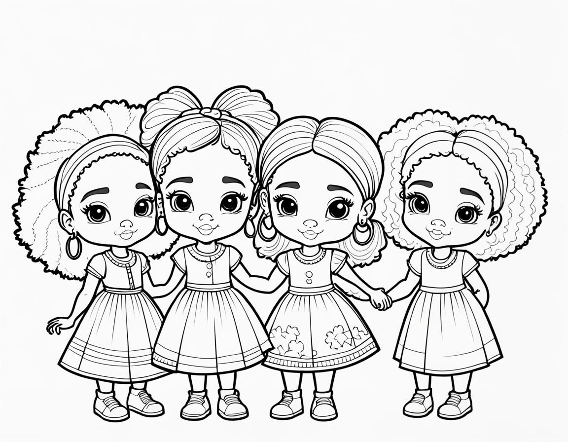 Detailed Cartoon Line Art: African American Girls