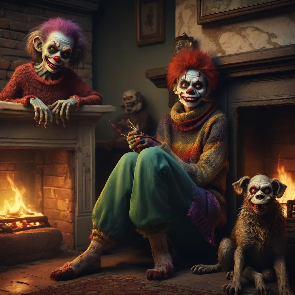 Zombie Monkey Monster Woman Basks in Warm Fireplace Glow