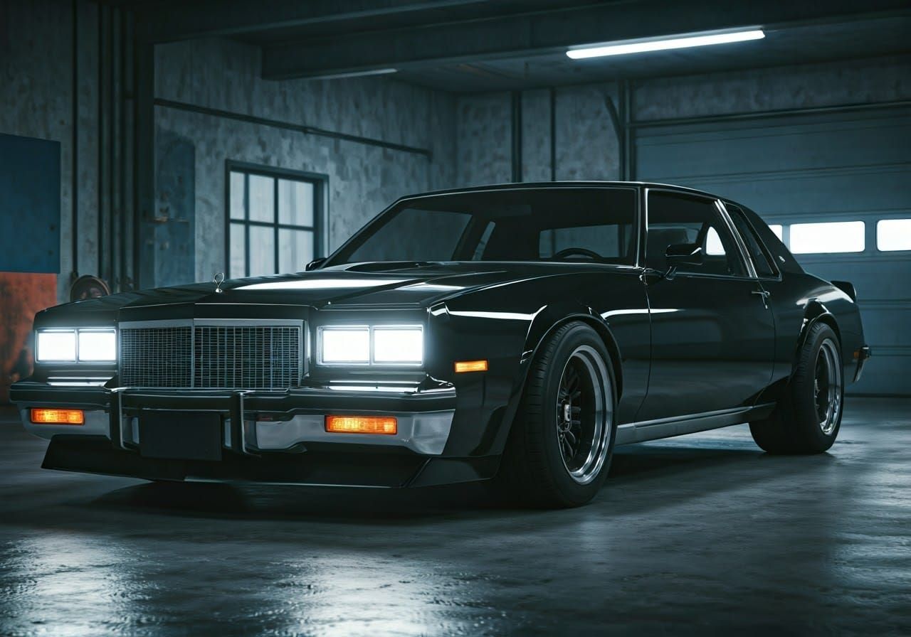 Sleek Black Muscle Coupe in Retro Garage