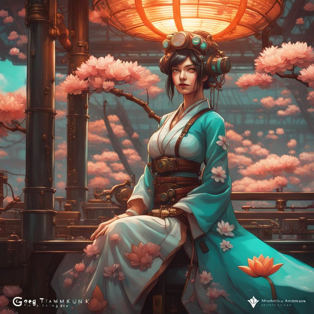 Steampunk Japan: Lotus and Sakura Acrylic Painting