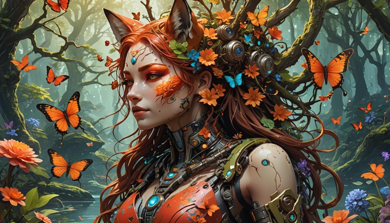 Biopunk Cyborg Fox Goddess in Enchanted Forest