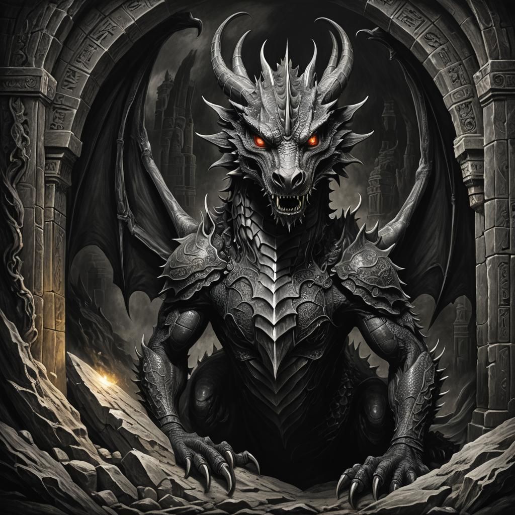 Nightmare Dragon in Ancient Tomb: Charcoal Drawing