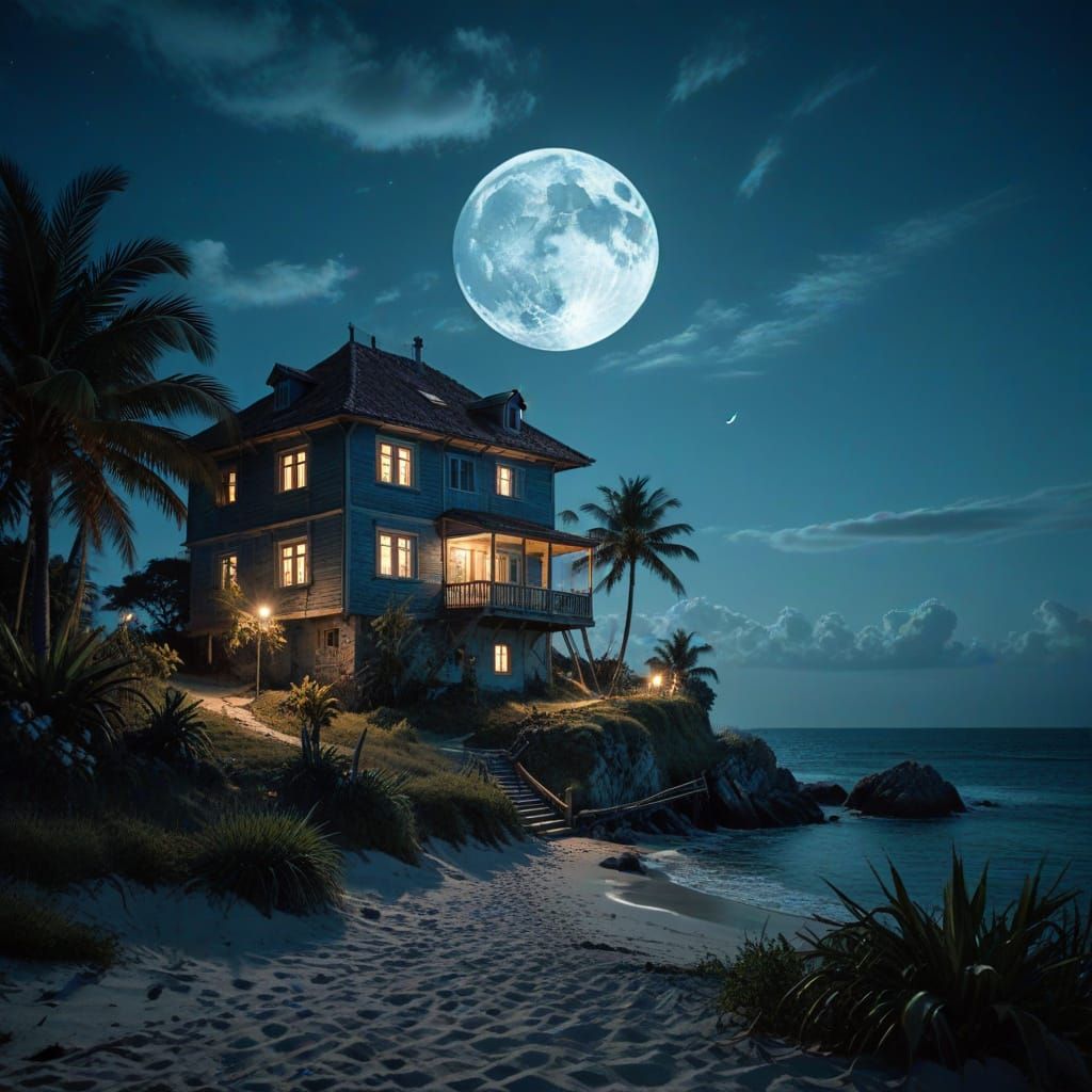 Full Moon Over Tropical Island, Cinematic Night Scene
