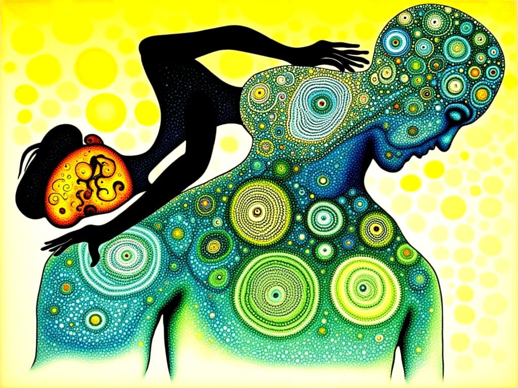 1960s Woman Ascends Man's Shoulders in Woven Art