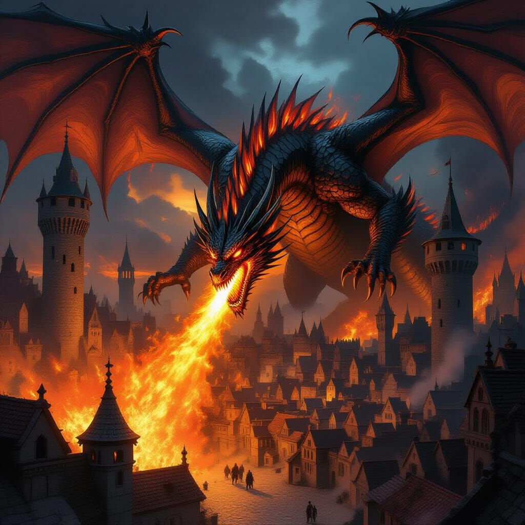 Ancient Fire Dragon Attacks Medieval City in Dark Fantasy Ar...