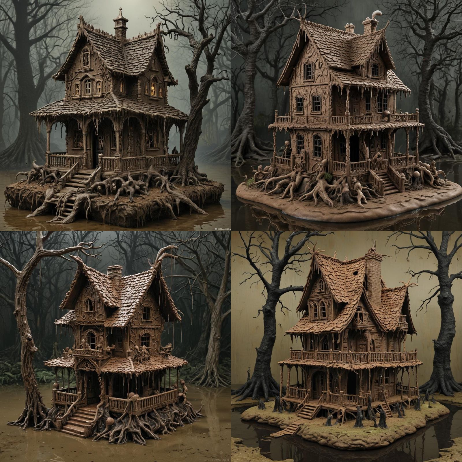 Louisiana swamp gingerbread house, with black blood trees..