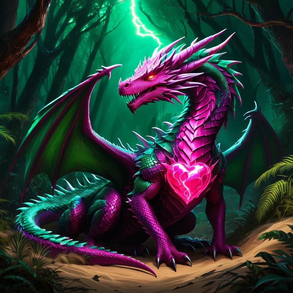 Fierce Pink Dragon Protecting Heart in Mystical Forest
