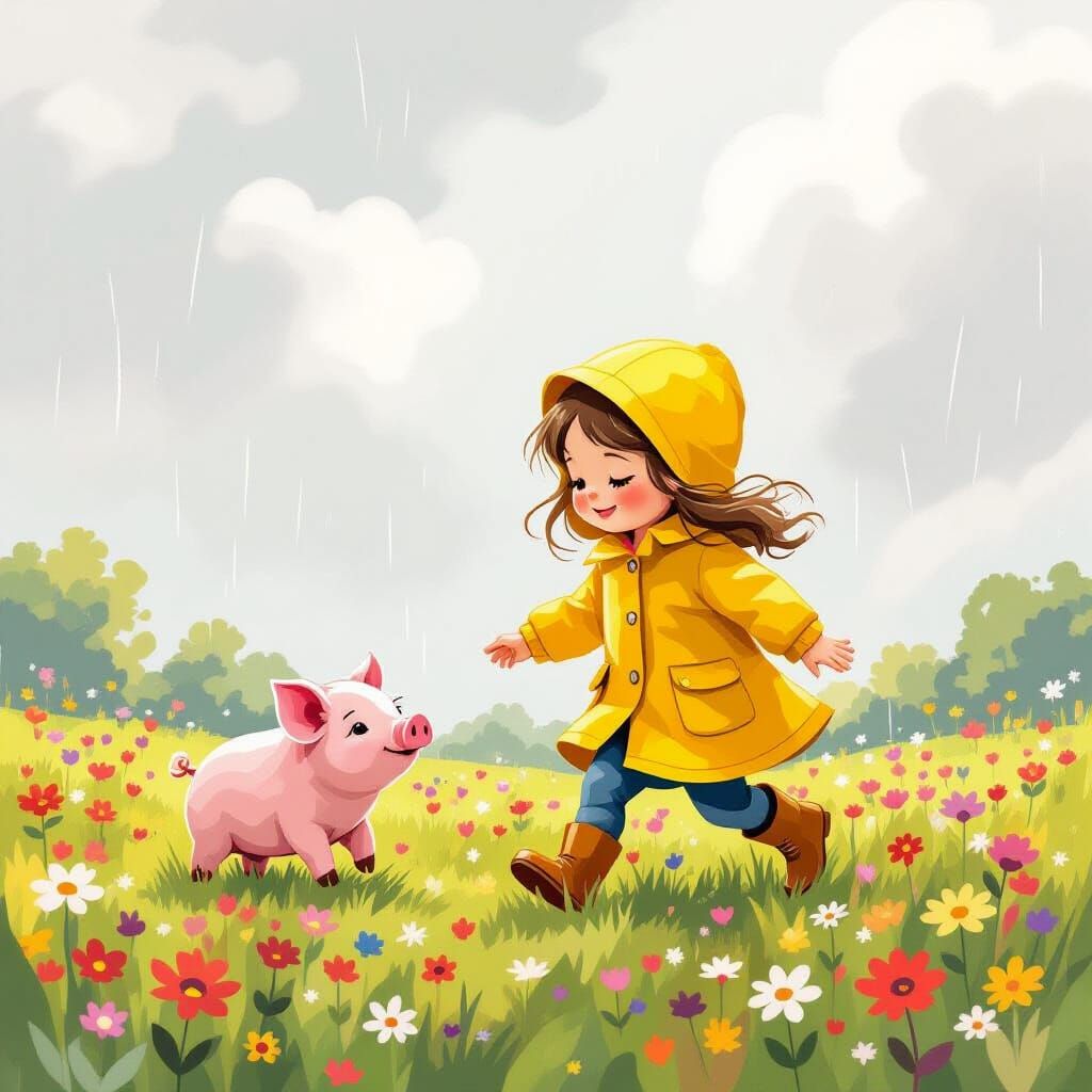 Girl in Yellow Raincoat Runs With Piglet Through Flower Mead...