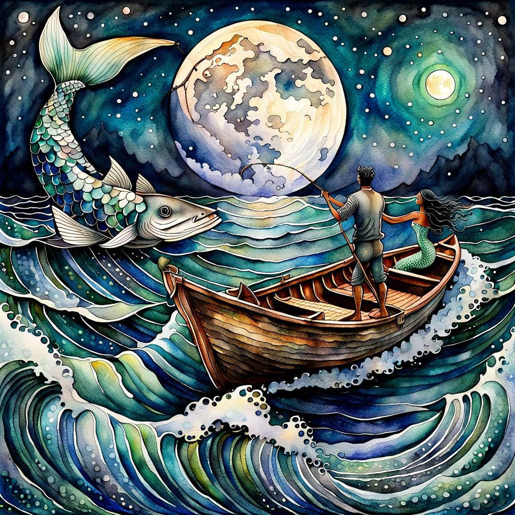 Mermaid Reaching for Fisherman: Watercolor Illustration