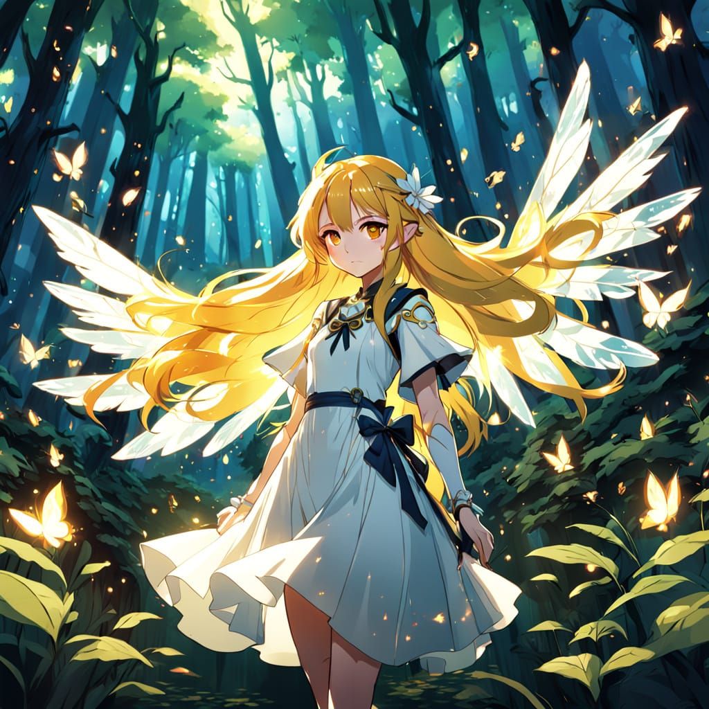 Enchanted Forest Anime Art: Woman with Wings