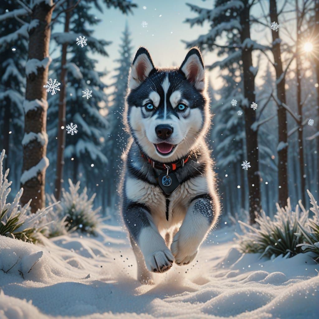Husky Puppy's Winter Frolic: Hyperrealistic Digital Art