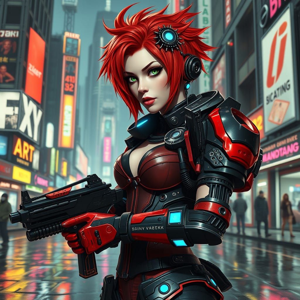 Cyberpunk Gynoid Warrior in Dystopian Cityscape