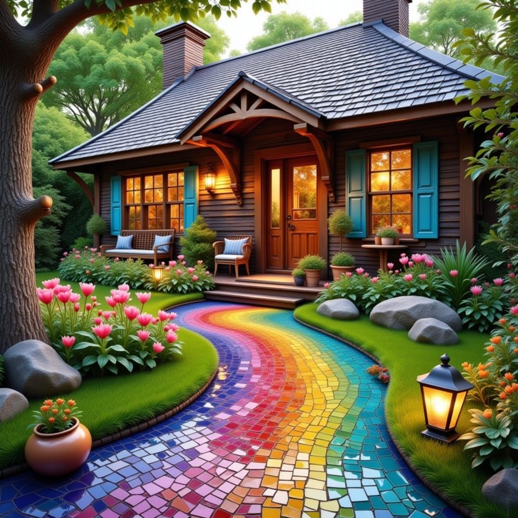 Whimsical Garden Path Illustration with Mosaic Tiles